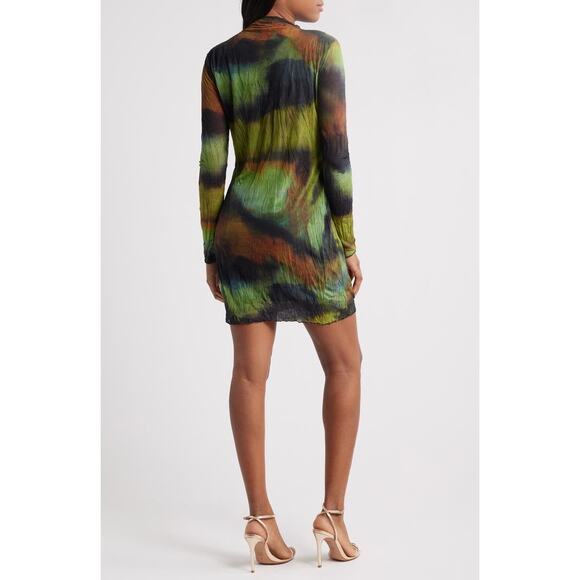 Topshop NWOT Tie Dye Long Sleeve Mesh Minidress Size 0-2 Green Black Colorful - Picture 2 of 9